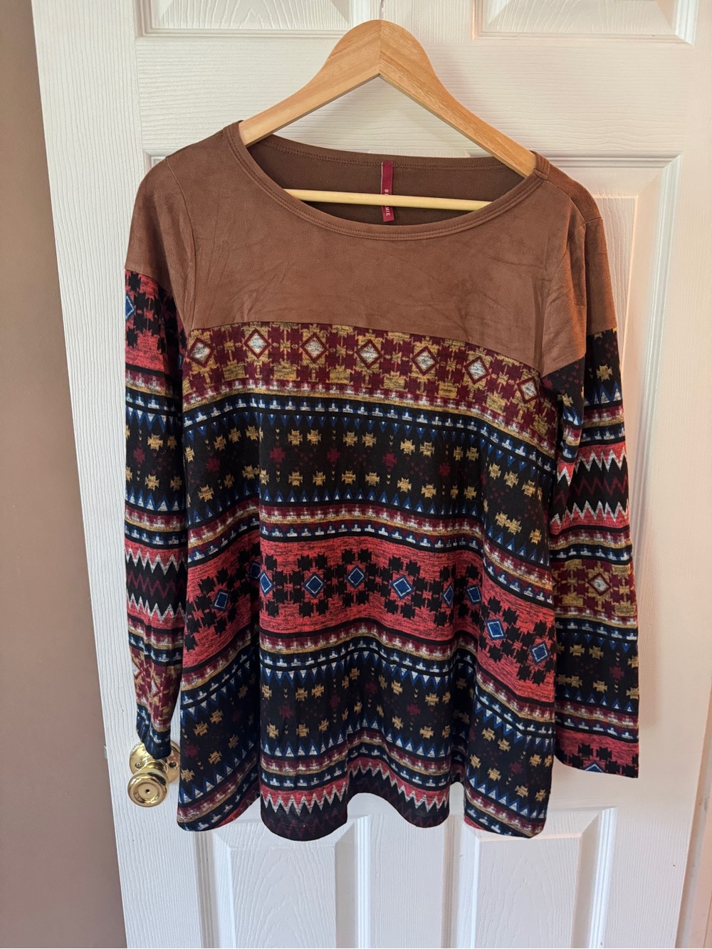 Women’s Brown Patterned Long Sleeve Top - Boho Aztec Print